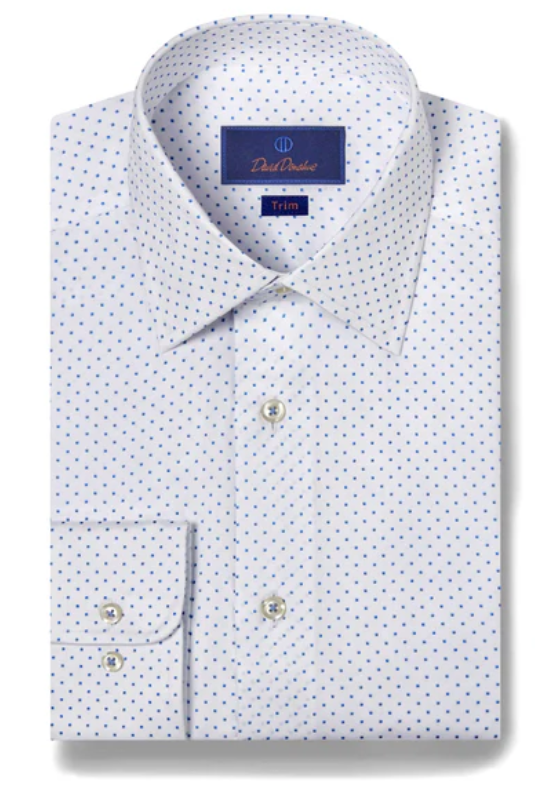 David Donahue White & Blue Geometric Print Dress Shirt