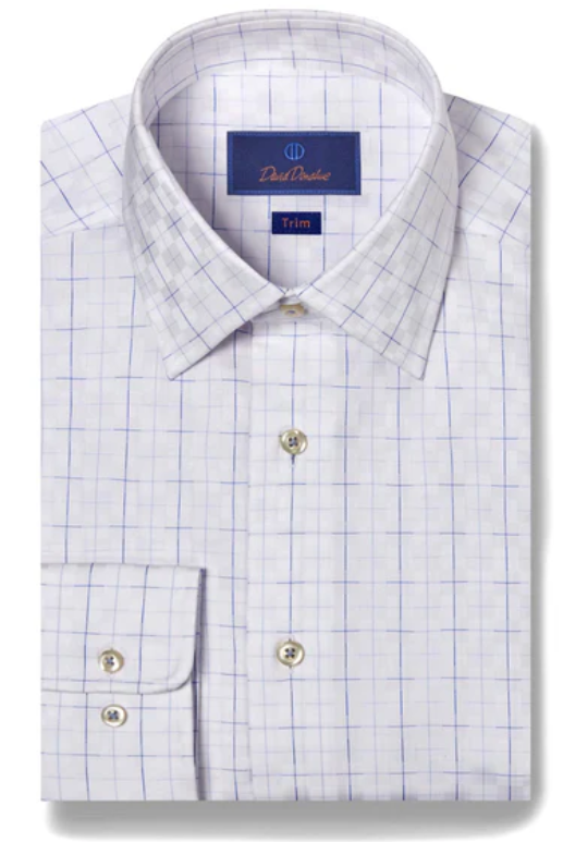 David Donahue White & Blue Sateen Dobby Check Dress Shirt